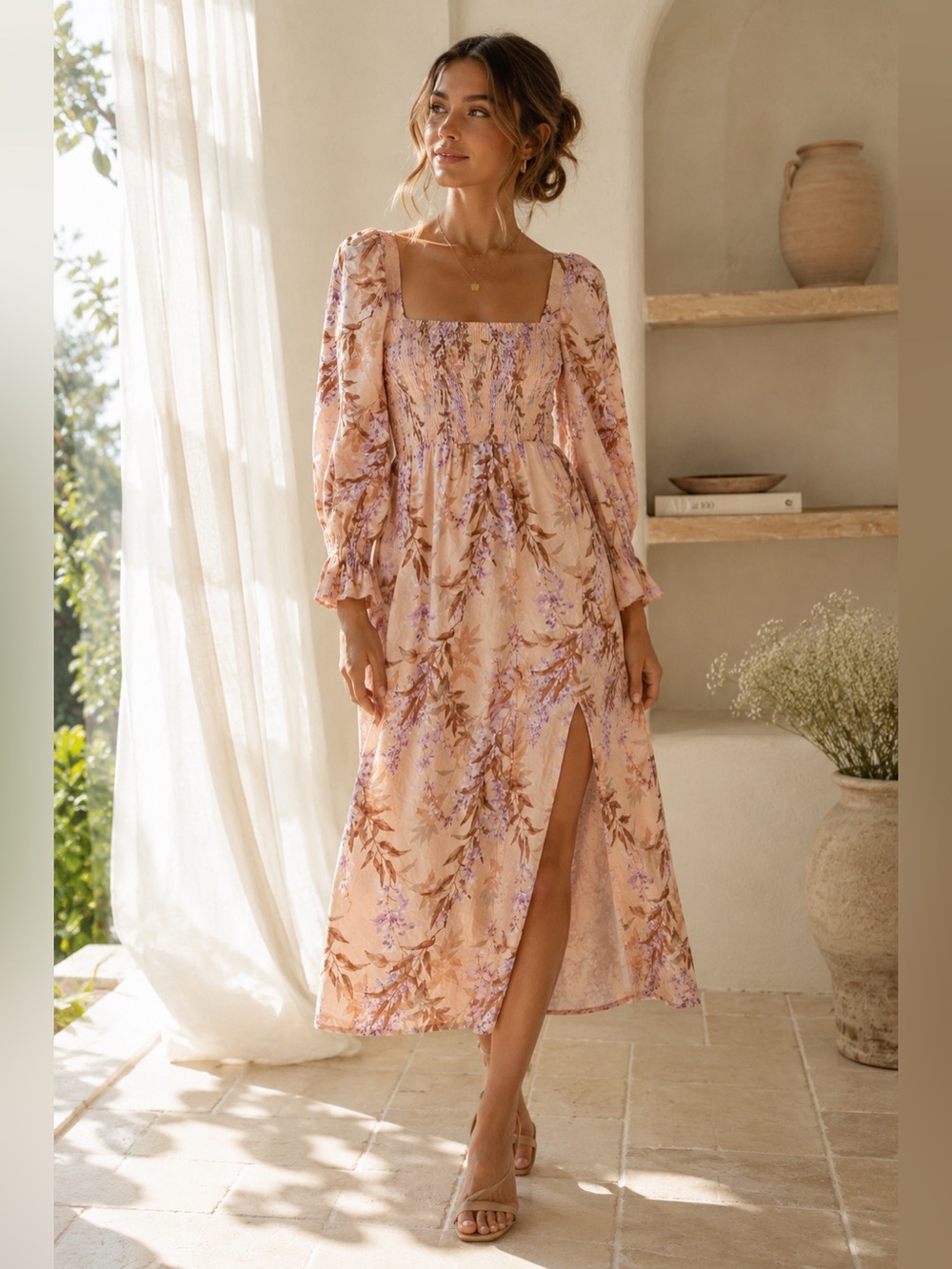✨ House of Harlow 1960 Floral Smocked Midi Dress from Revolve  - Long Sleeves
